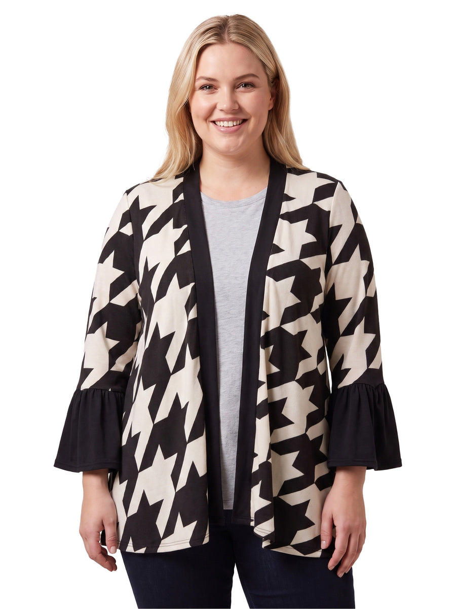 24seven Comfort Essential Curvy Geometric Houndstooth Soft Stretch Bell Sleeve Open Front Jacket