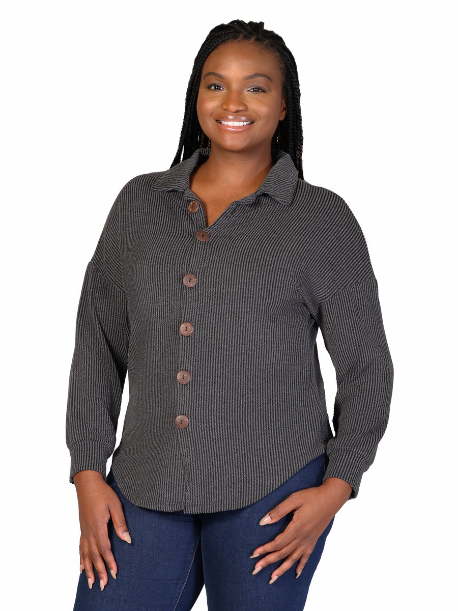 Essential Plus Size Ribbed Button Up Long Sleeve Collared Shirt Jacket