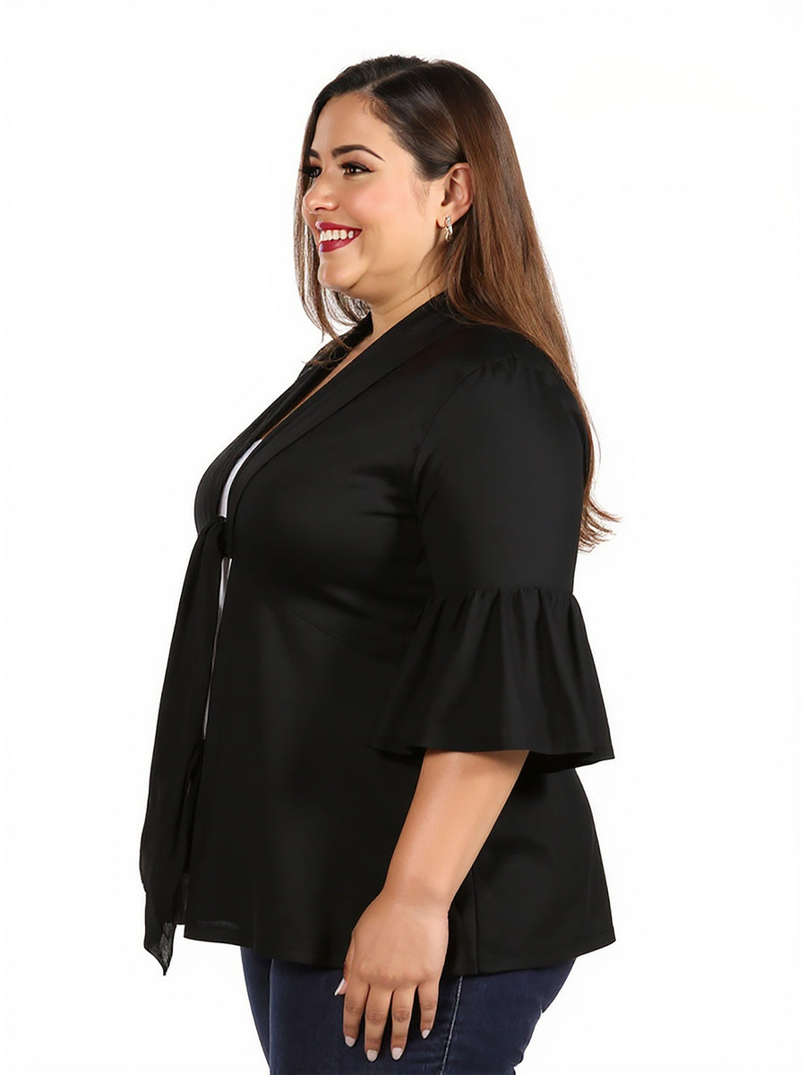 Essential Plus Size Tie Front Bell Sleeve Jacket