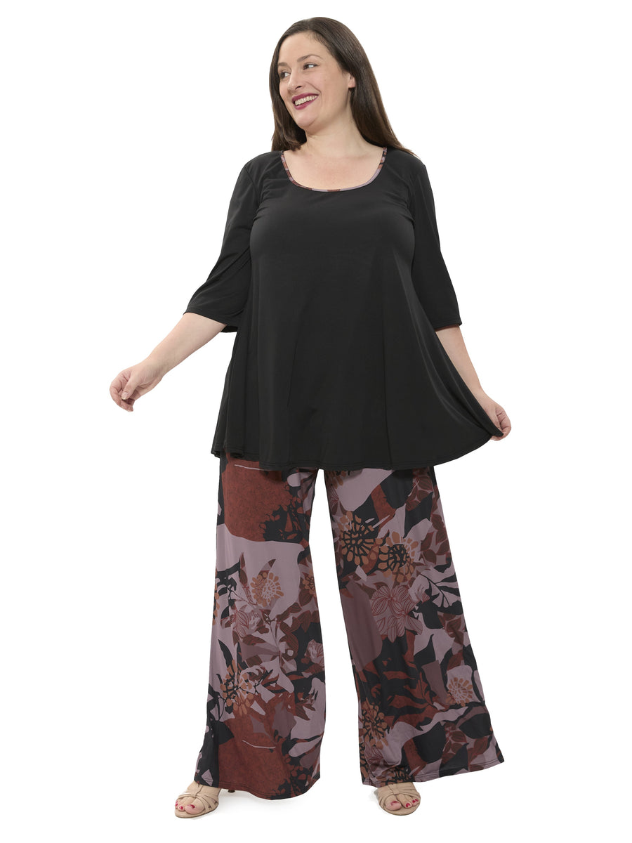 Basic Curvy Floral Scoop Neck Elbow Sleeve Tunic Top Pant Set