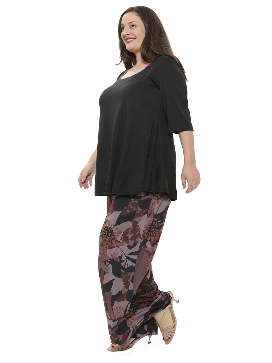 Basic Curvy Floral Scoop Neck Elbow Sleeve Tunic Top Pant Set