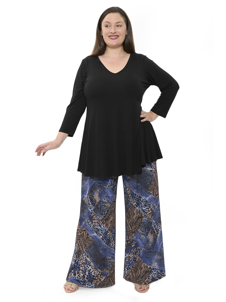 Basic Curvy Animal V Neck Long Sleeve Swing Tunic Top Pant Set