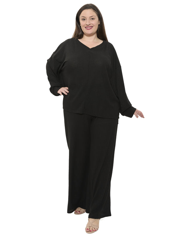 Basic Plus Size V Neck Long Sleeve Soft Waffle Knit Top and Pant Set