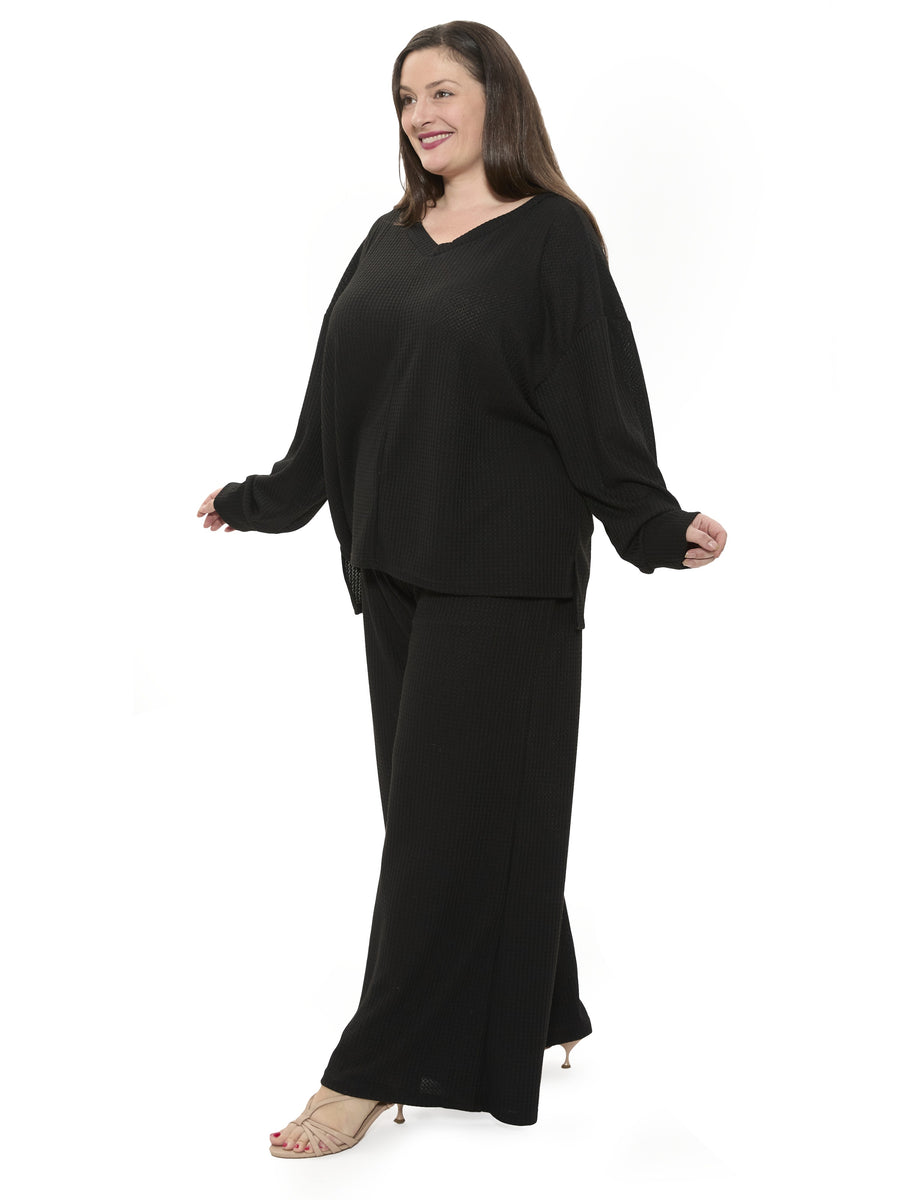 Basic Plus Size V Neck Long Sleeve Soft Waffle Knit Top and Pant Set