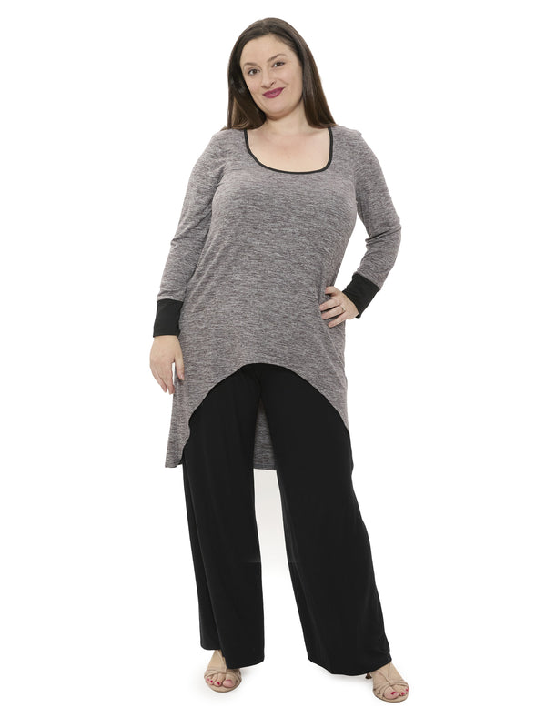 Basic Curvy Two Tone Scoop Neck Long Sleeve High Low Top Pant Set