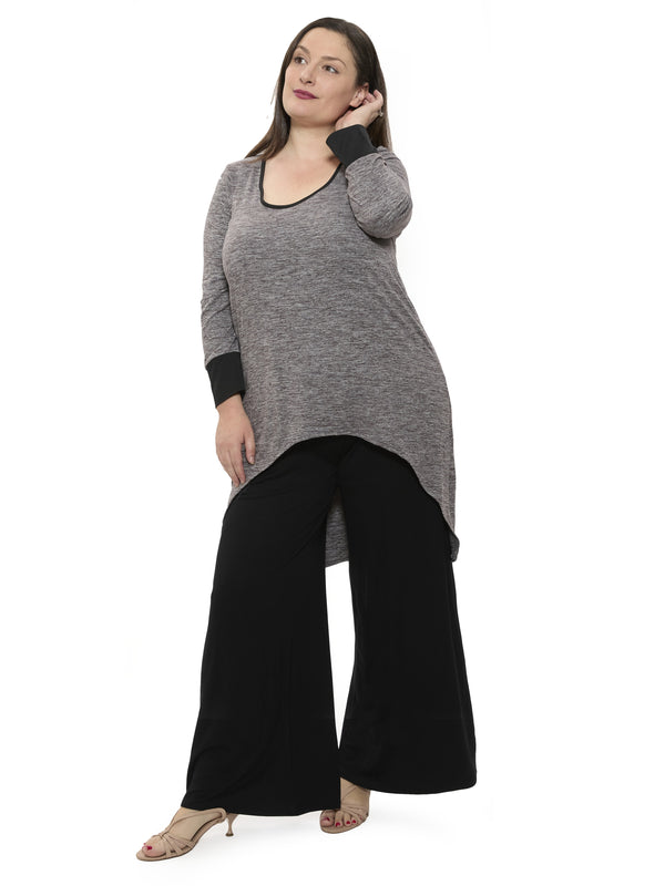 Basic Curvy Two Tone Scoop Neck Long Sleeve High Low Top Pant Set
