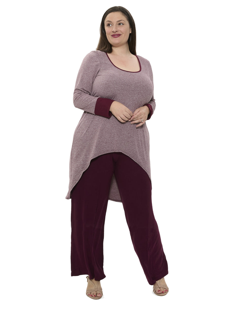 Basic Curvy Two Tone Scoop Neck Long Sleeve High Low Top Pant Set
