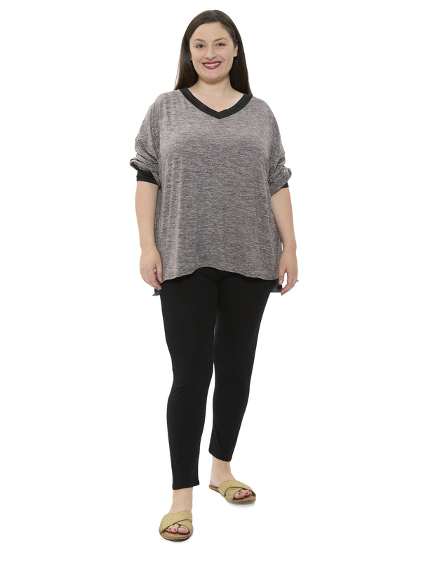 Basic Plus Size Two Tone V Neck Long Sleeve Top and Legging Set