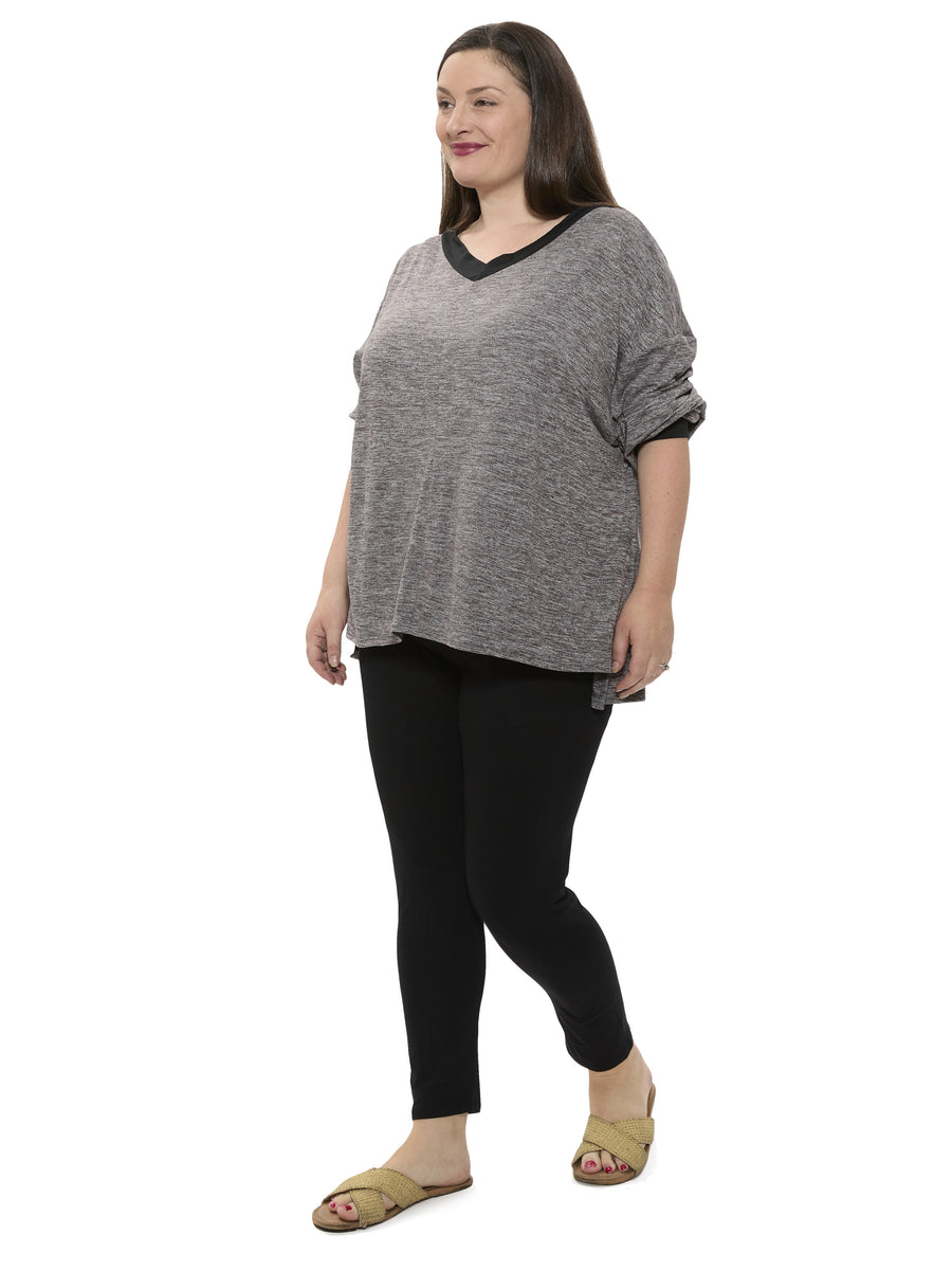 Basic Plus Size Two Tone V Neck Long Sleeve Top and Legging Set
