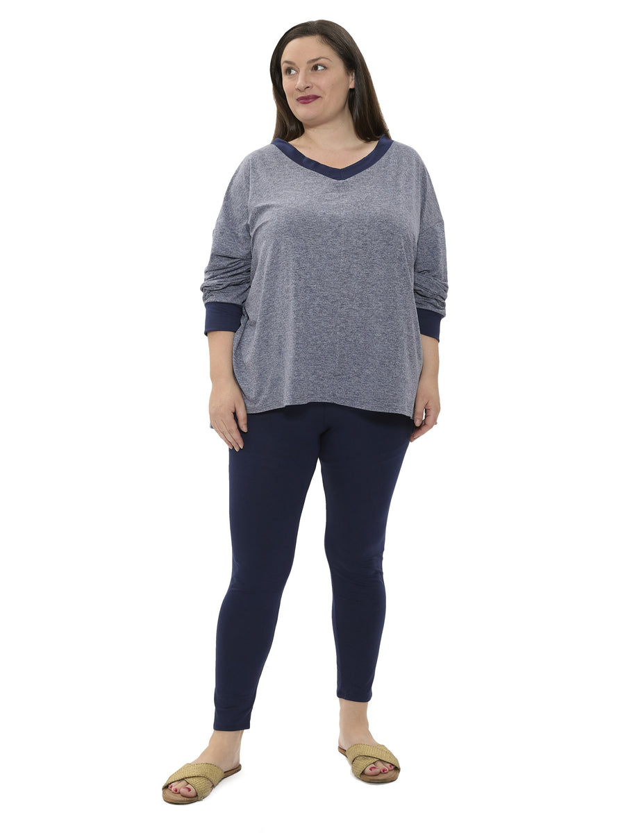 Basic Plus Size Two Tone V Neck Long Sleeve Top and Legging Set
