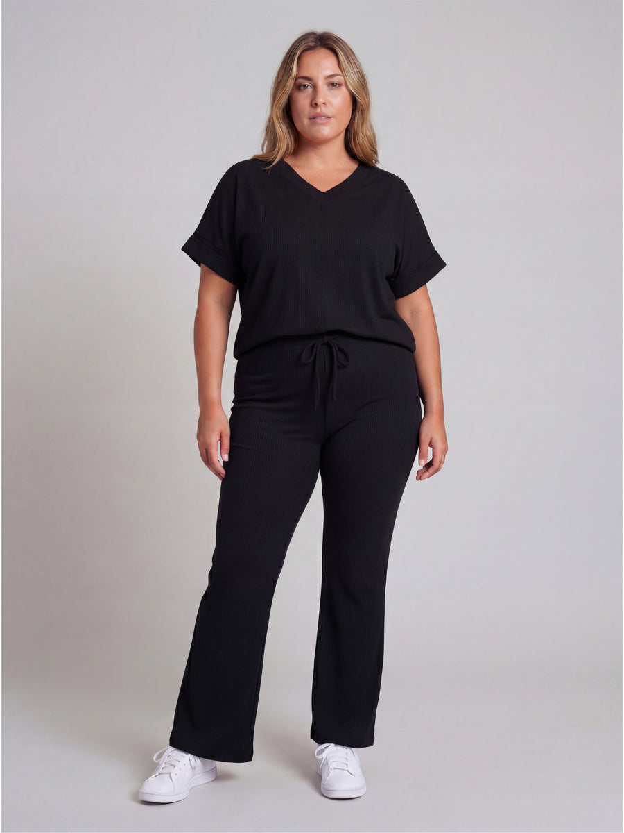 Basic Curvy Ribbed Knit Dolman Sleeve V Neck Top and Drawstring Wide Leg Pant Set