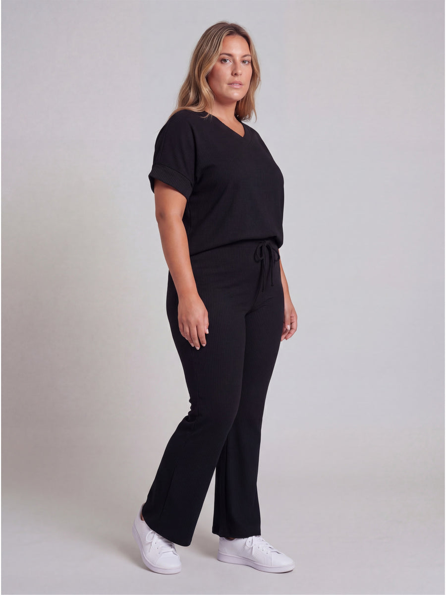 Basic Curvy Ribbed Knit Dolman Sleeve V Neck Top and Drawstring Wide Leg Pant Set
