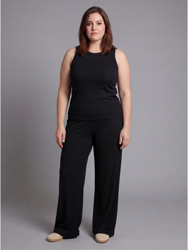 Basic Curvy Ribbed Knit Tank Top and Elastic Waist Wide Leg Pant Set
