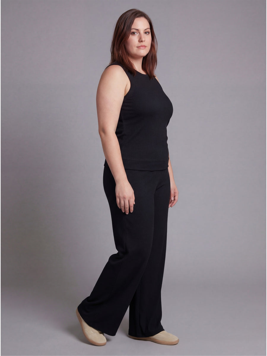 Basic Curvy Ribbed Knit Tank Top and Elastic Waist Wide Leg Pant Set