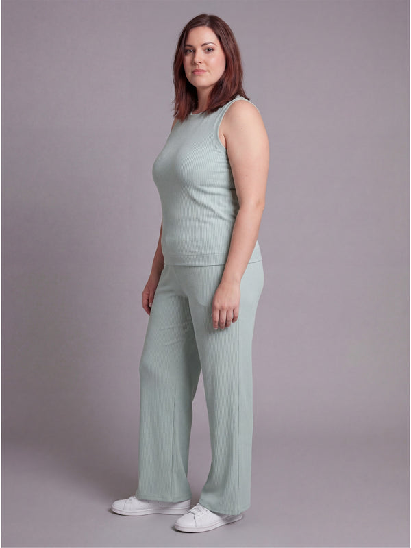Basic Curvy Ribbed Knit Tank Top and Elastic Waist Wide Leg Pant Set