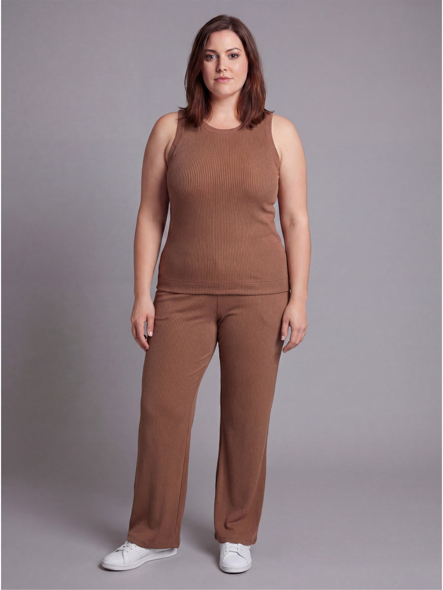 Basic Curvy Ribbed Knit Tank Top and Elastic Waist Wide Leg Pant Set