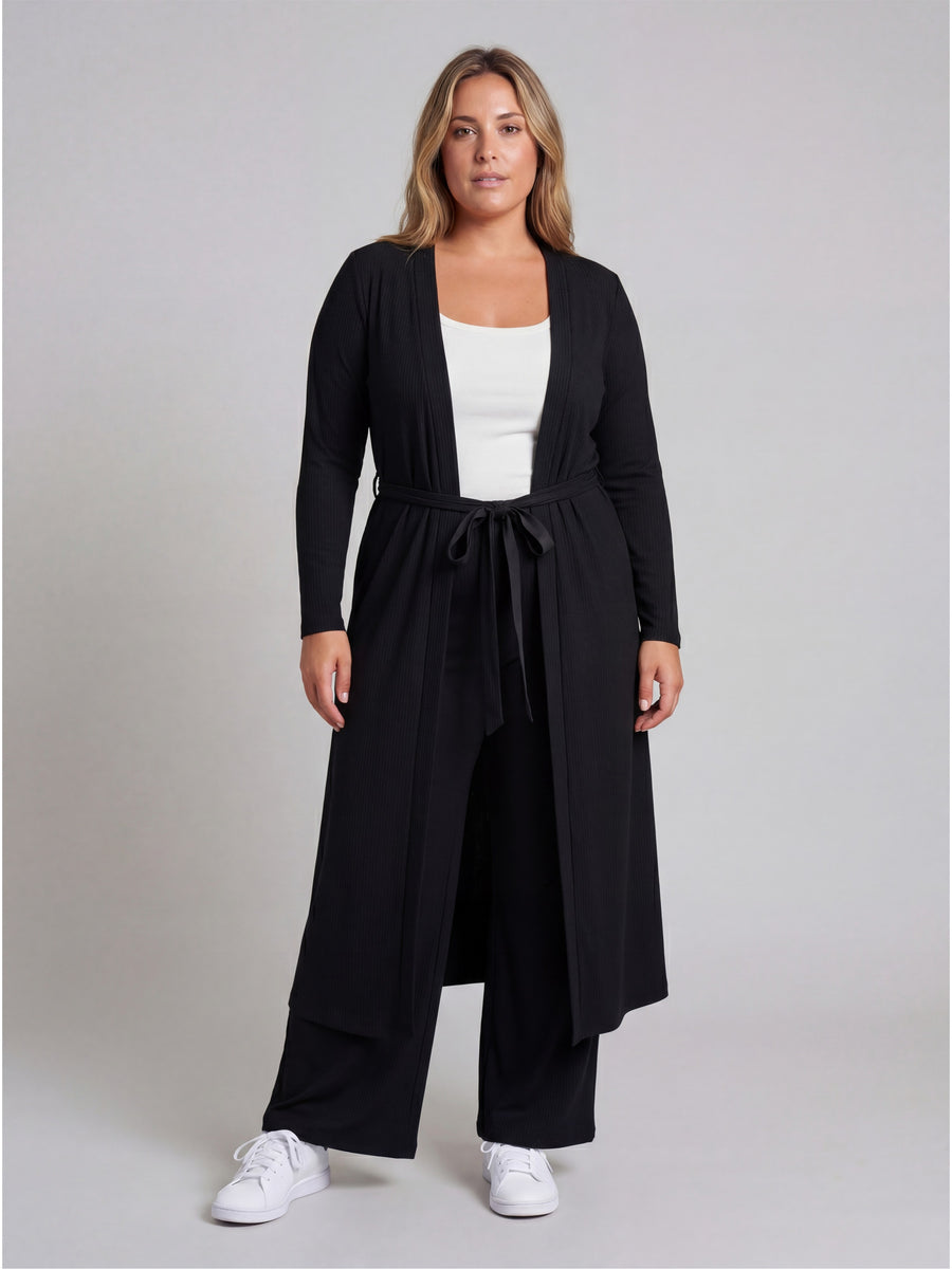 Basic Curvy Long Sleeve Tie Waist Soft Jacket and Elastic Waist Wide Leg Pant Set
