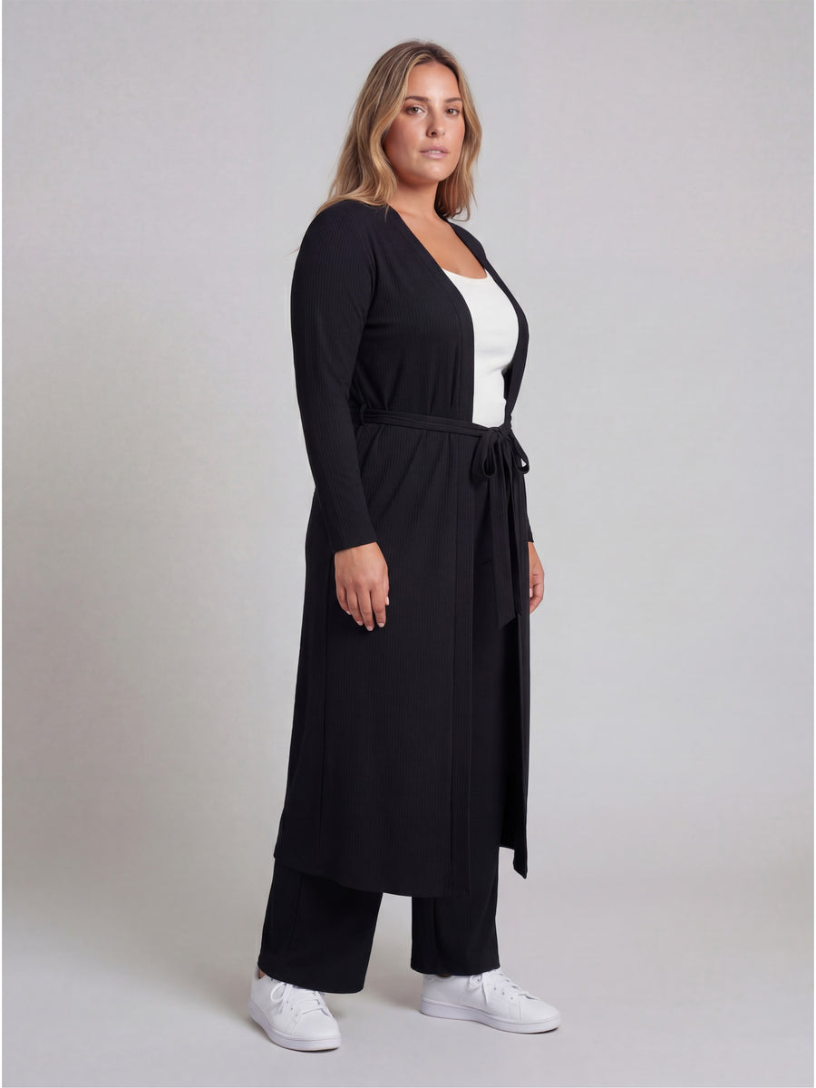 Basic Curvy Long Sleeve Tie Waist Soft Jacket and Elastic Waist Wide Leg Pant Set