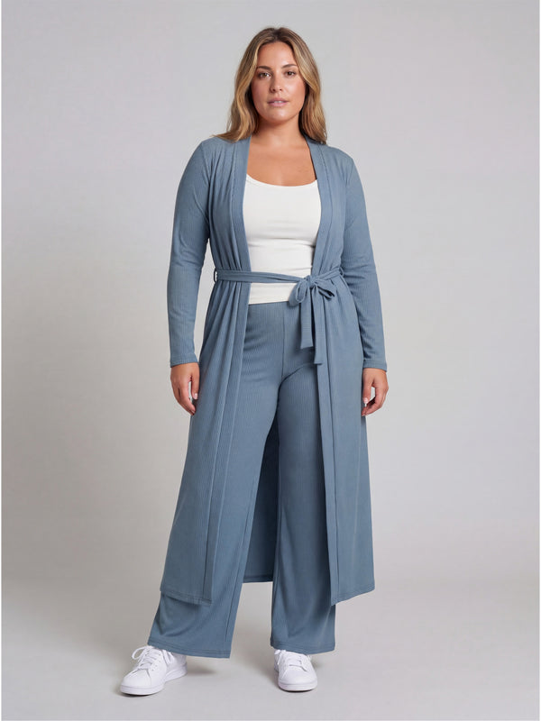 Basic Curvy Long Sleeve Tie Waist Soft Jacket and Elastic Waist Wide Leg Pant Set