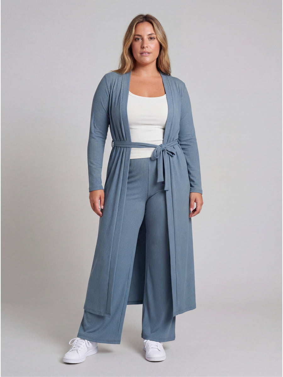 Basic Curvy Long Sleeve Tie Waist Soft Jacket and Elastic Waist Wide Leg Pant Set
