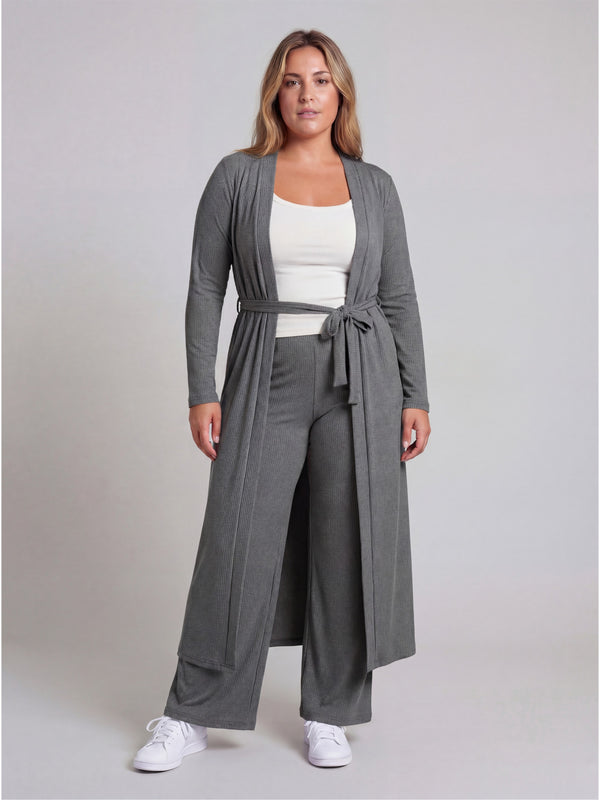 Basic Curvy Long Sleeve Tie Waist Soft Jacket and Elastic Waist Wide Leg Pant Set