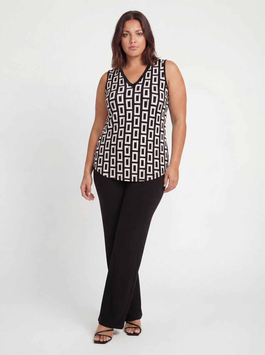 Essential Curvy Geometric Print V Neck Sleeveless Round Hem Top and Elastic Waist Flared Pant Set