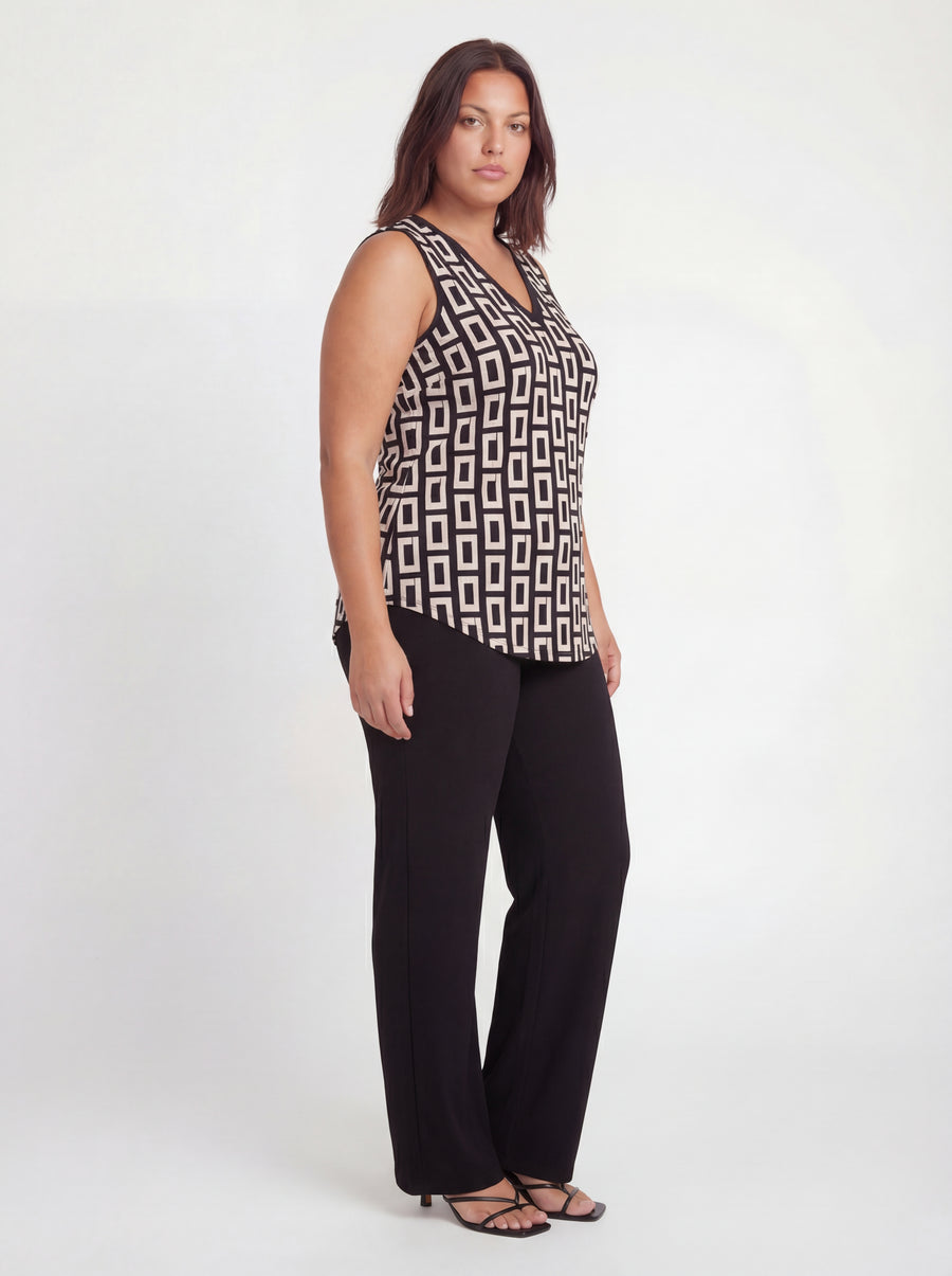 Essential Curvy Geometric Print V Neck Sleeveless Round Hem Top and Elastic Waist Flared Pant Set