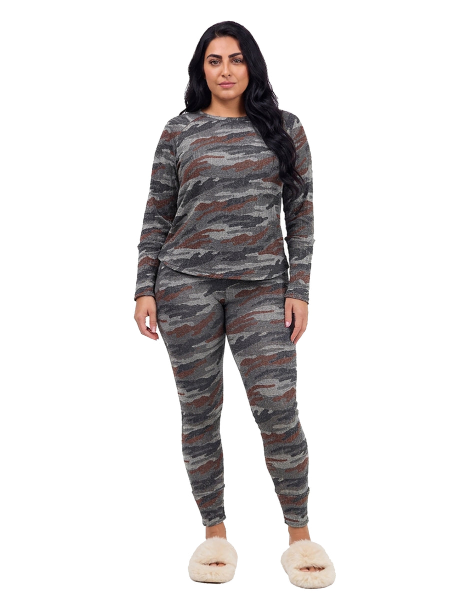 24seven Comfort Essential Curvy Soft Stretch Camo Print Long Sleeve Top and Leggings Set