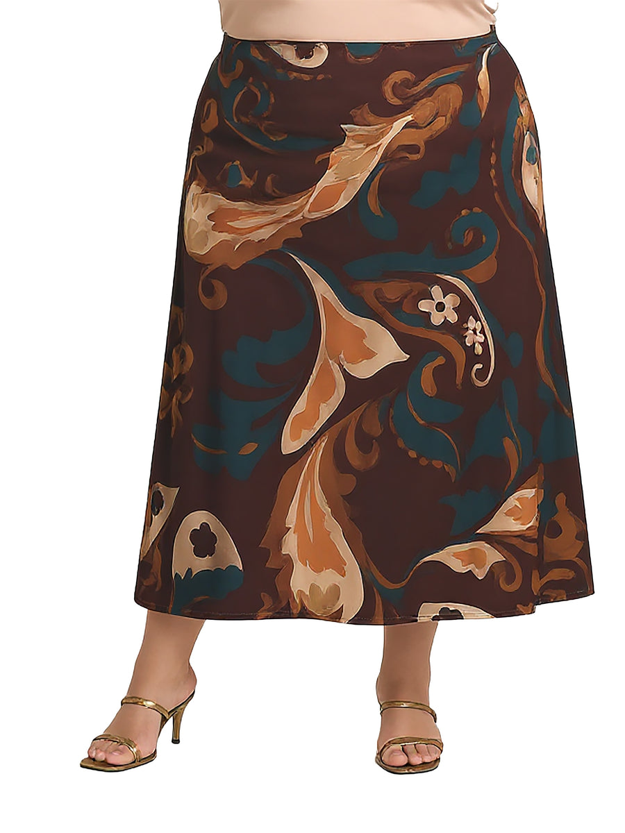 Essential Plus Size Brown Paisley Print Elastic Waist Maxi Skirt
