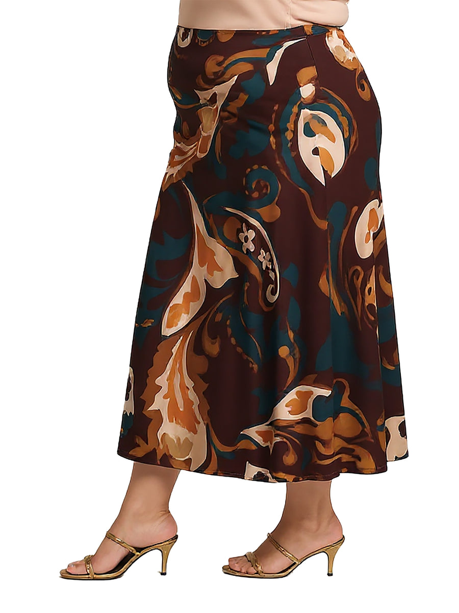 Essential Plus Size Brown Paisley Print Elastic Waist Maxi Skirt