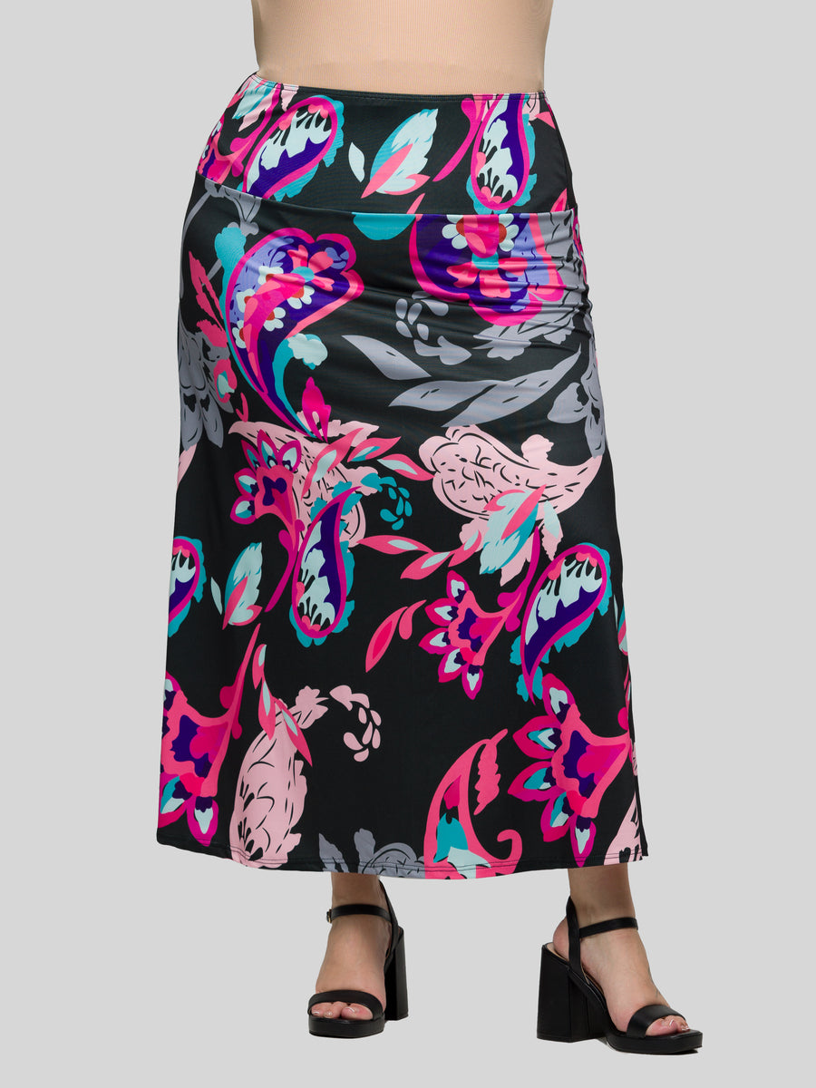 Essential Curvy Paisley Elastic Waist A Line Maxi Skirt