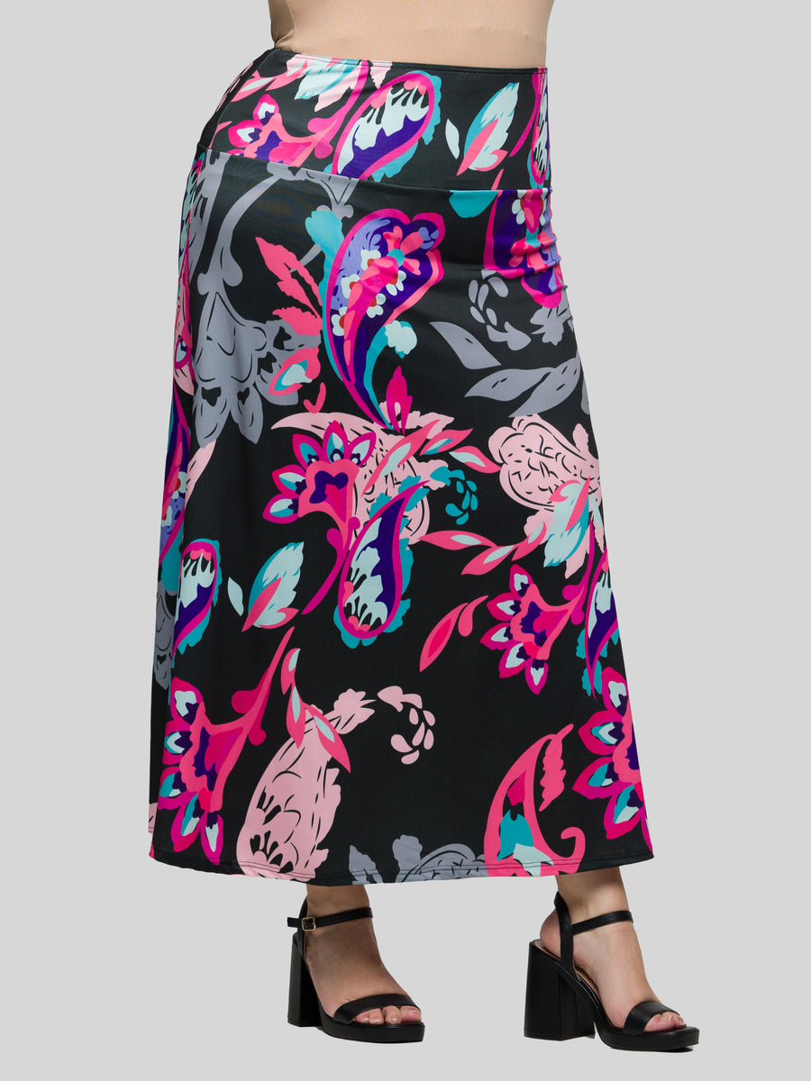 Essential Curvy Paisley Elastic Waist A Line Maxi Skirt