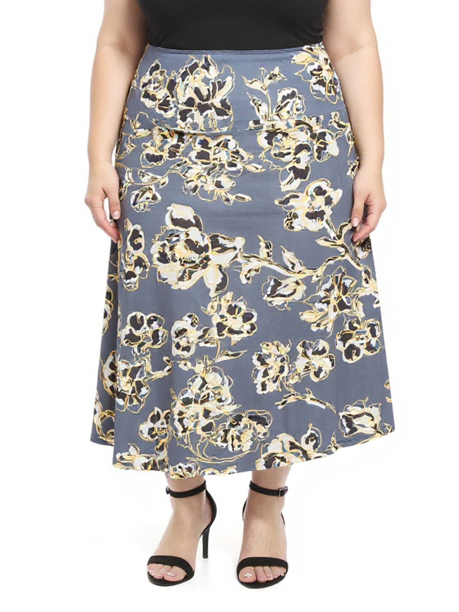 Essential Plus Size Floral Elastic Waist A-Line Maxi Skirt