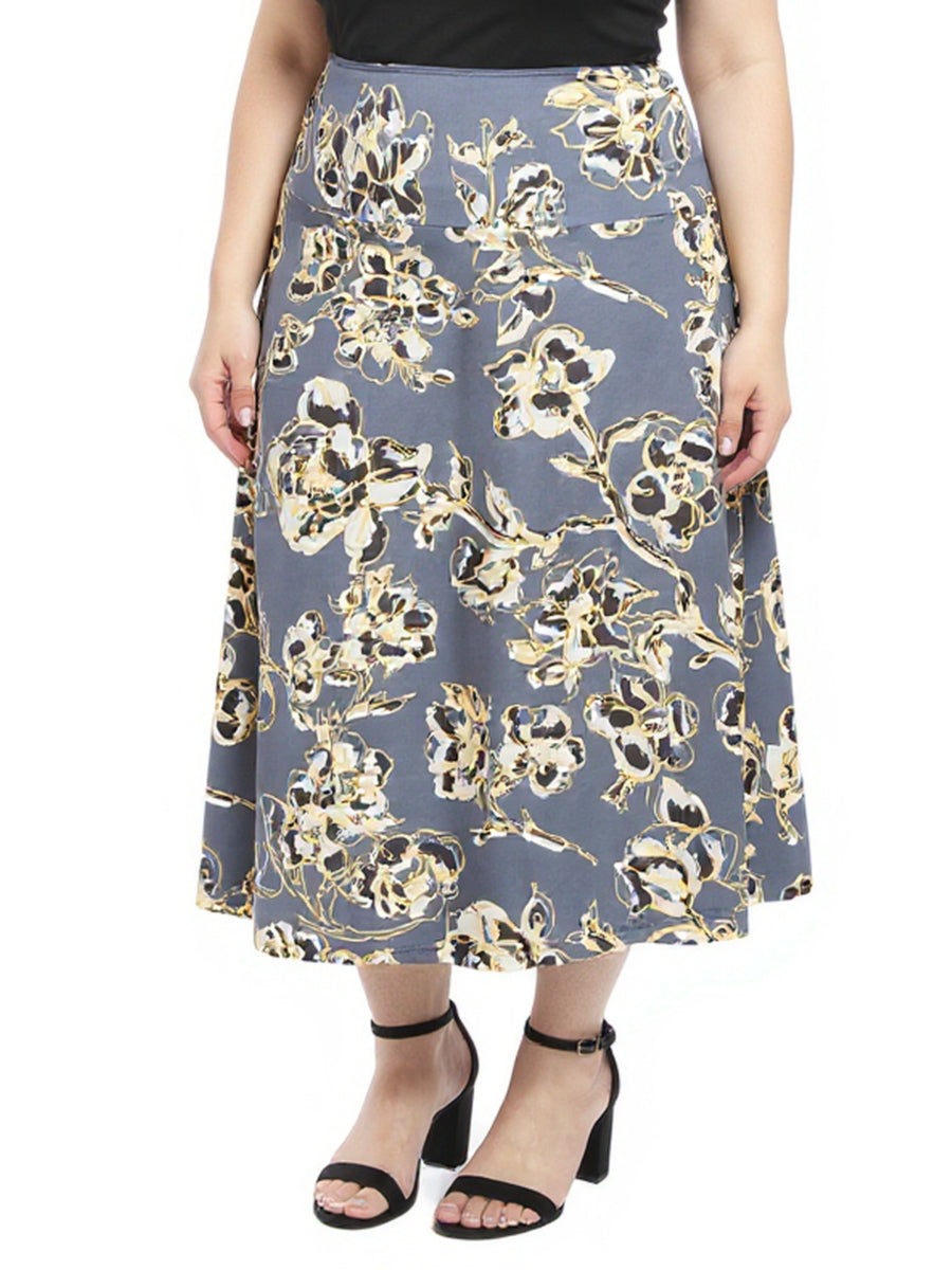 Essential Plus Size Floral Elastic Waist A-Line Maxi Skirt