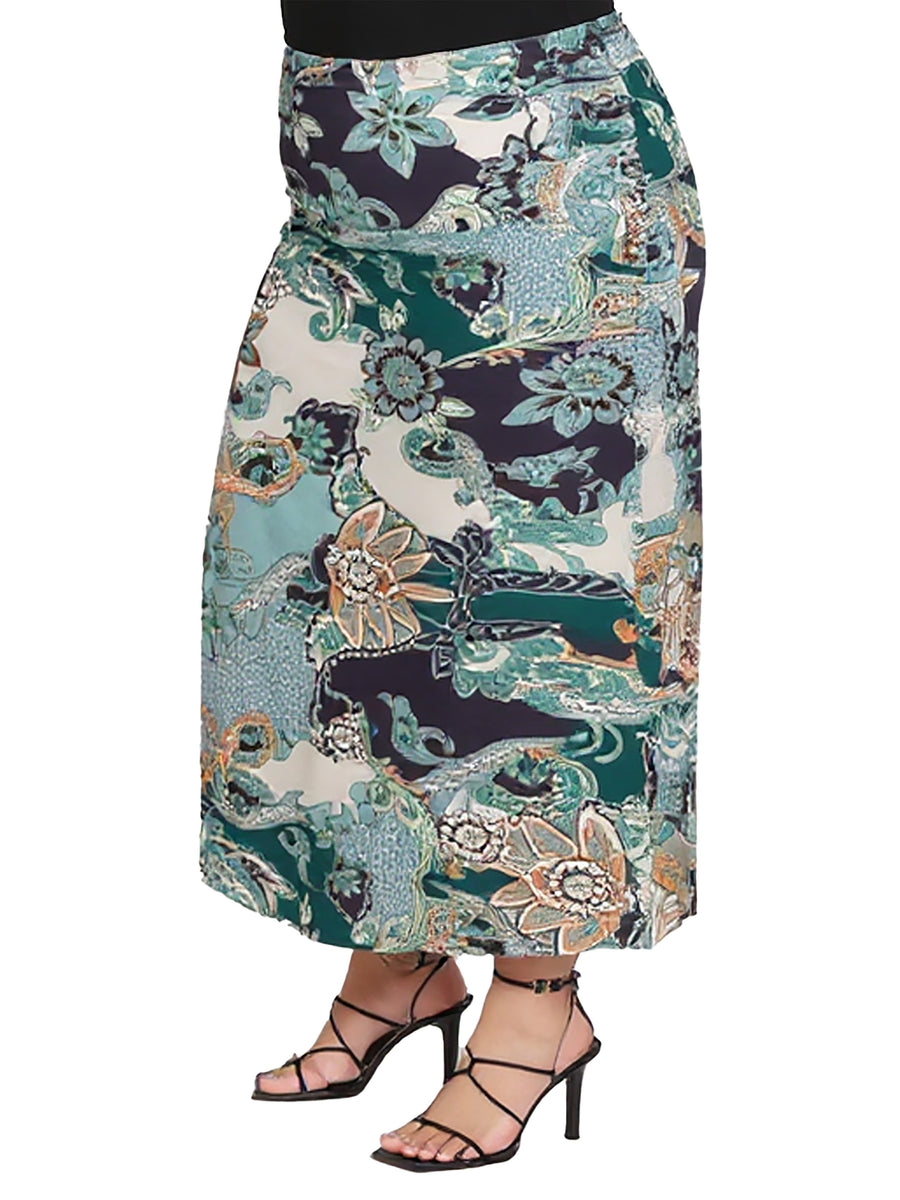 Essential Plus Size Green Paisley Print Maxi Skirt