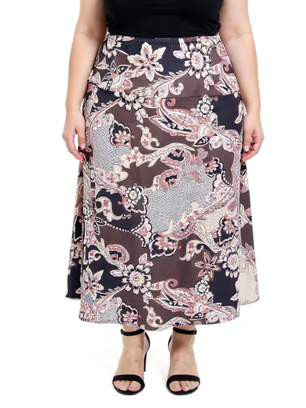 Essential Plus Size Paisley Elastic Waist A-Line Maxi Skirt