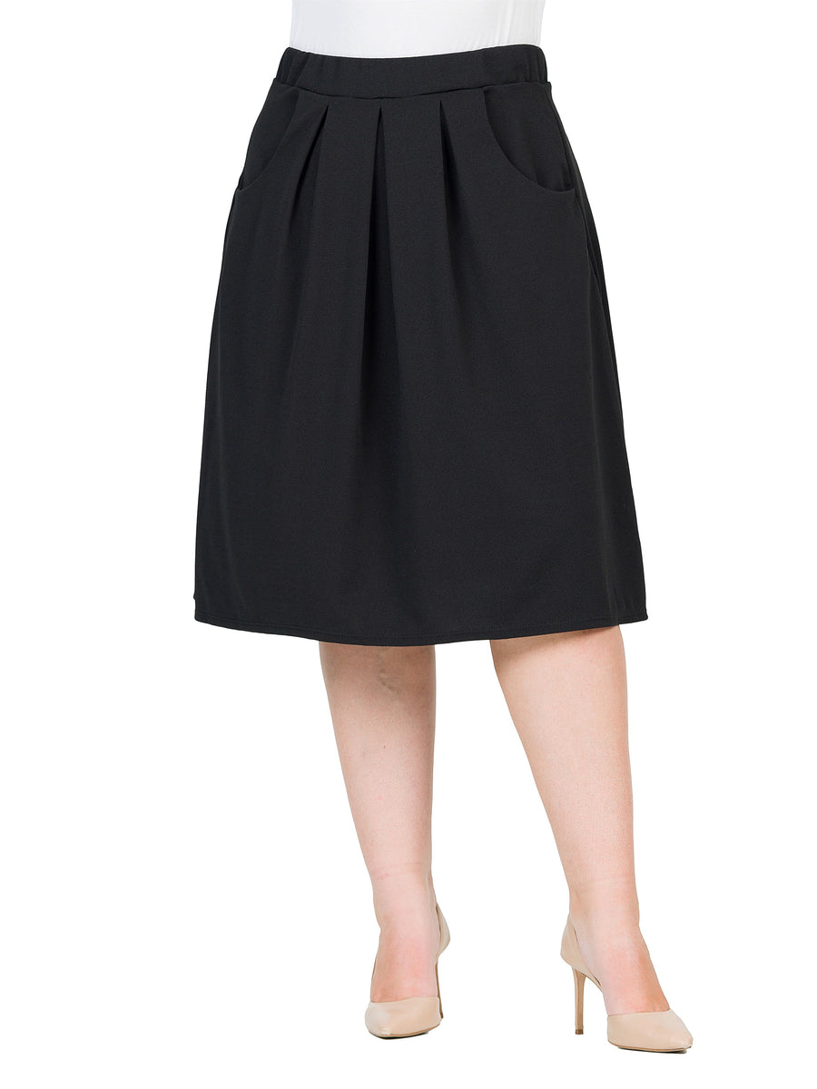 Essential Plus Size Elastic Waist Pleated Knee Length Pocket Skirt
