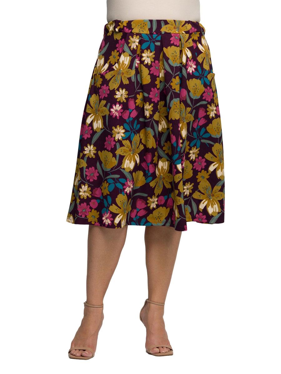 Essential Curvy Floral Elastic Waist Pocket Knee Length Skirt