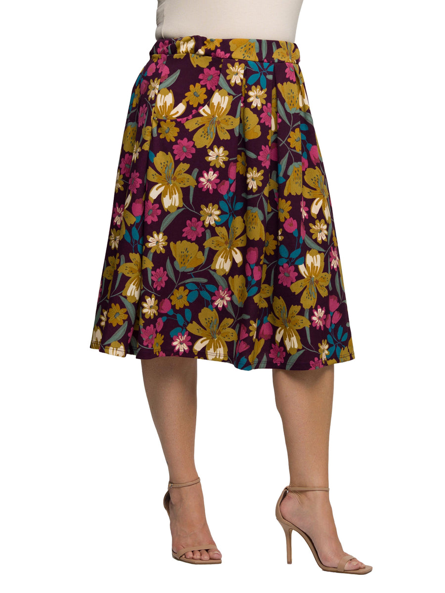 Essential Curvy Floral Elastic Waist Pocket Knee Length Skirt