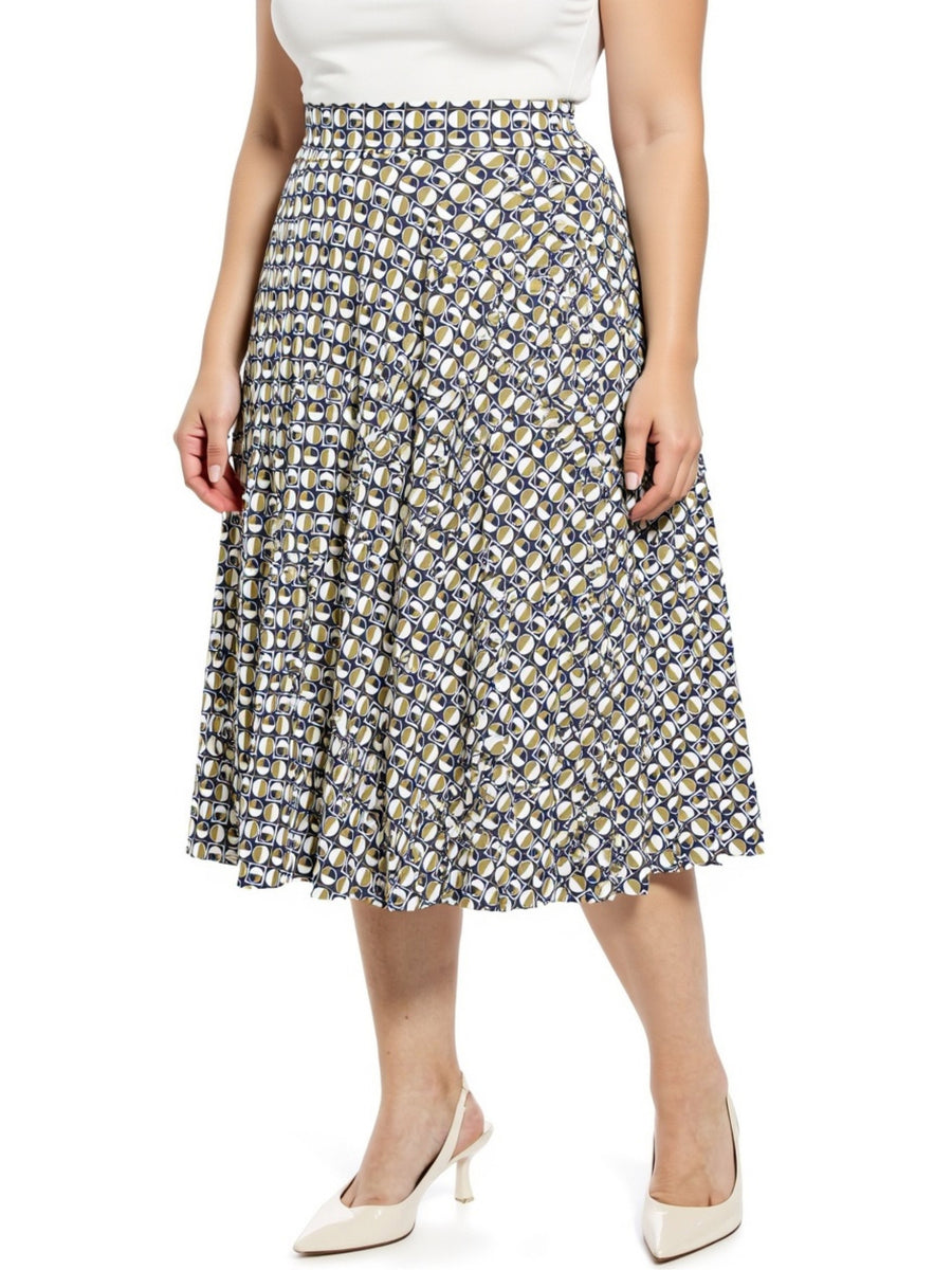 Essential Plus Size Geometric Elastic Waist Pocket A-Line Midi Skirt