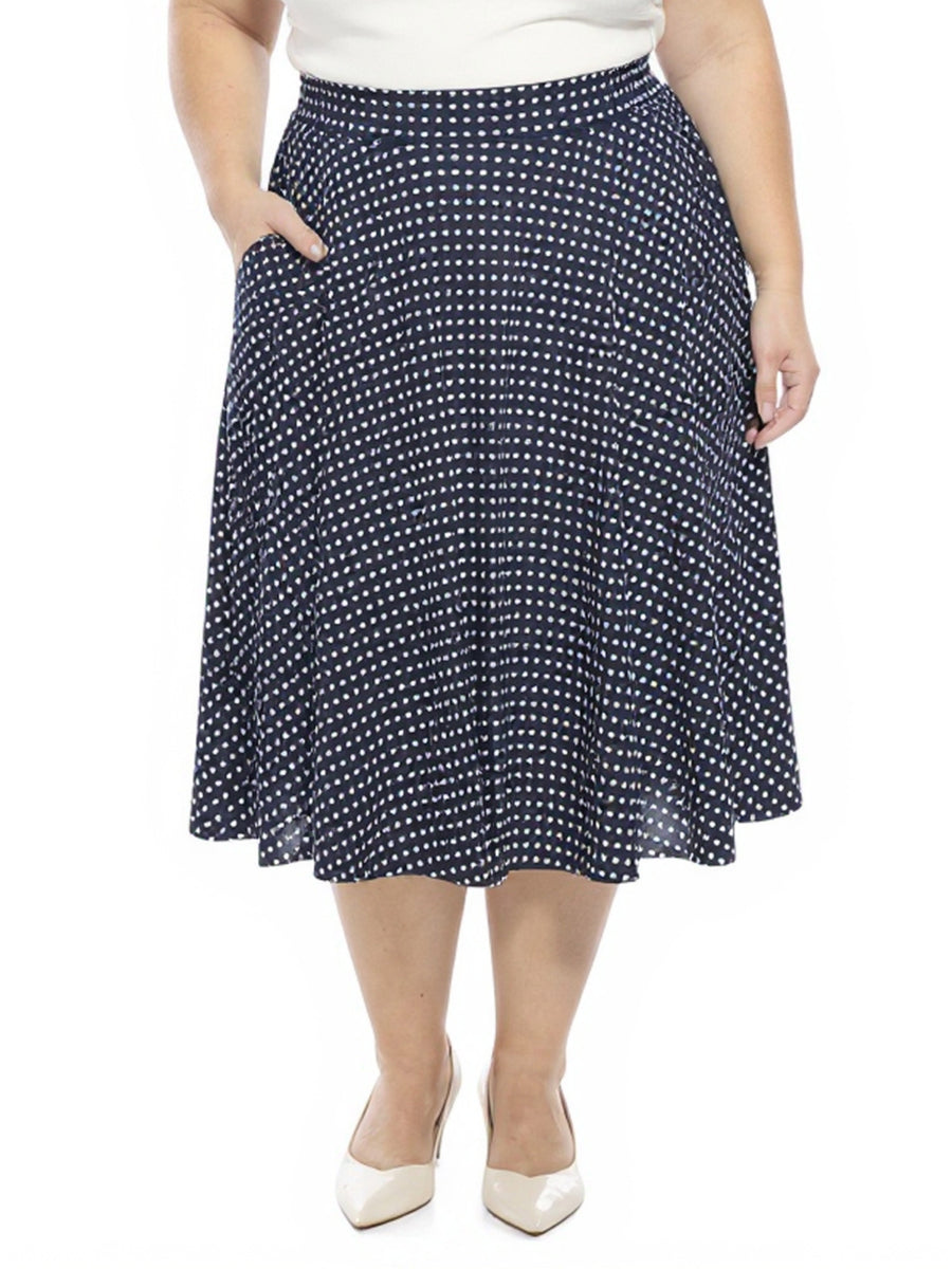Essential Plus Size Polka Dot Elastic Waist Pocket A-Line Midi Skirt
