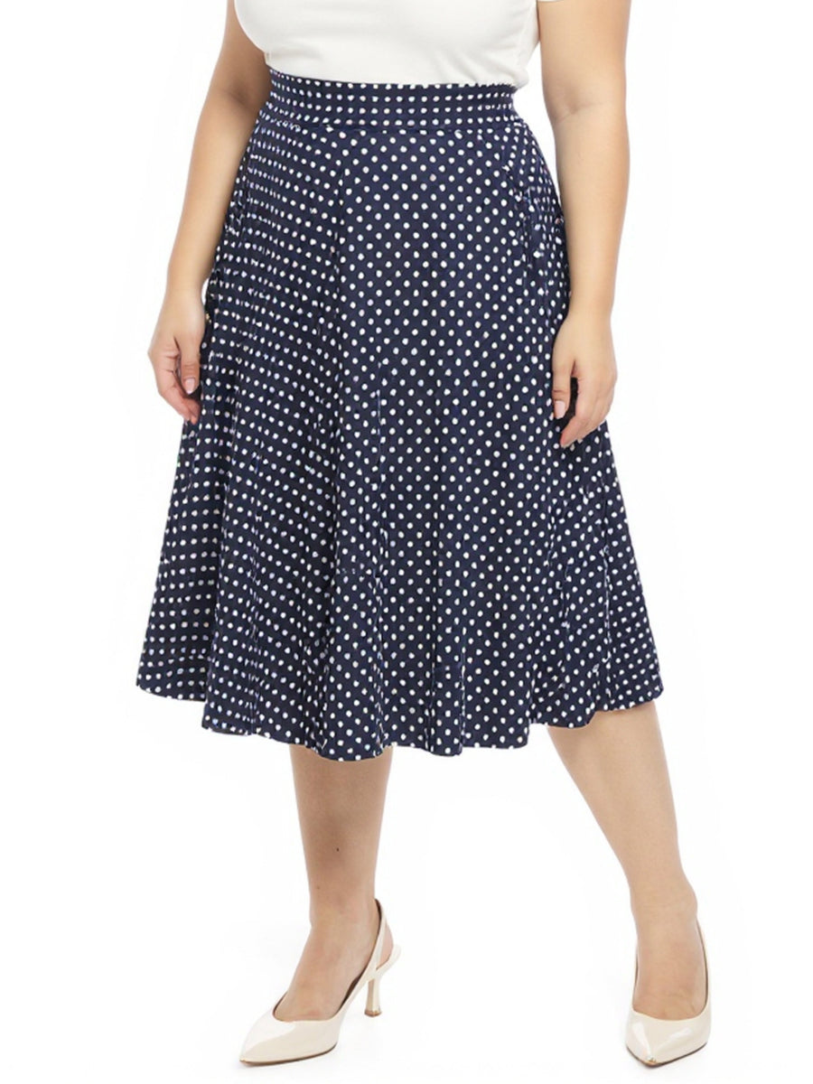 Essential Plus Size Polka Dot Elastic Waist Pocket A-Line Midi Skirt