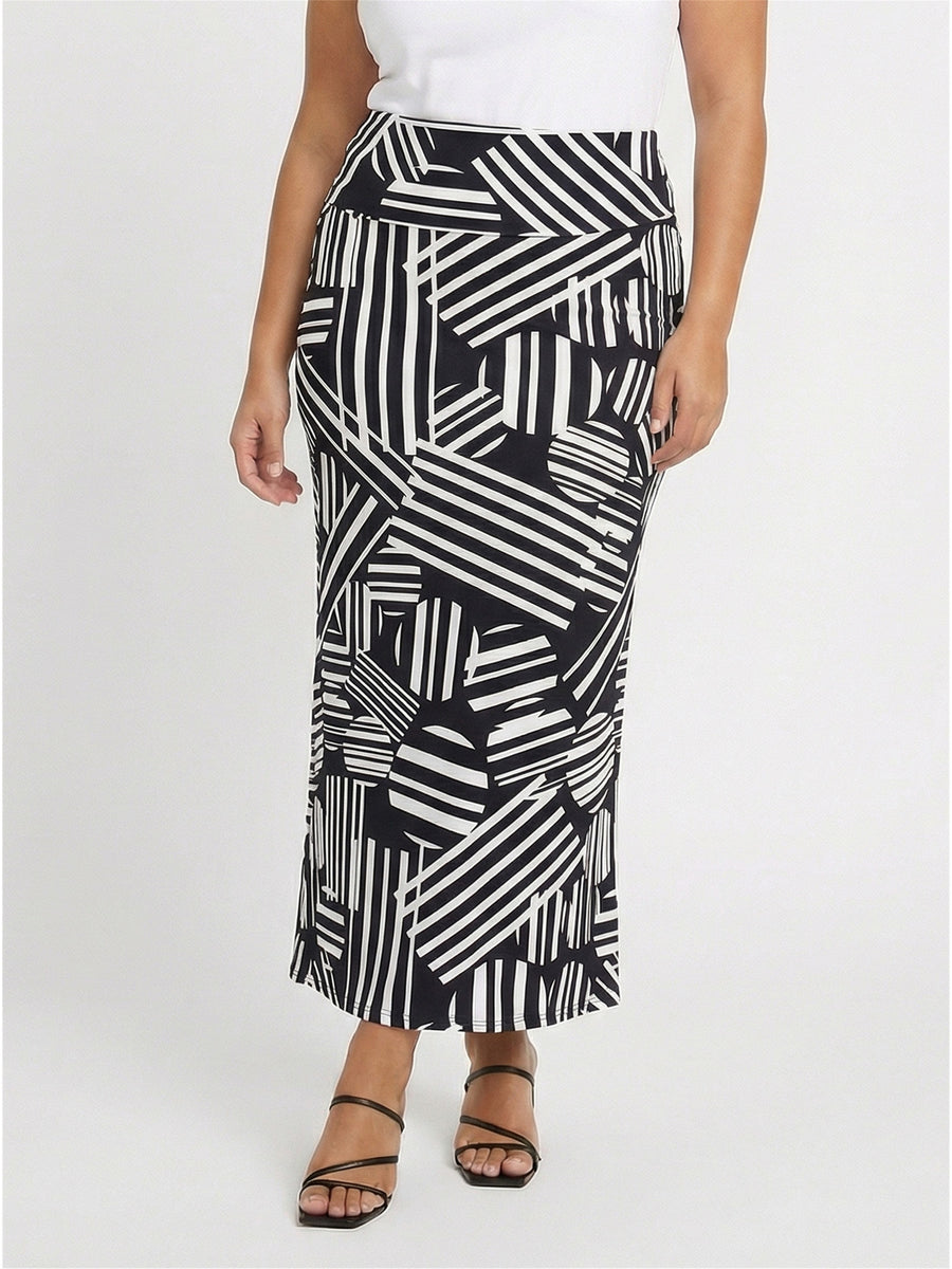 Essential Curvy Abstract Print Foldover Waist Maxi Skirt