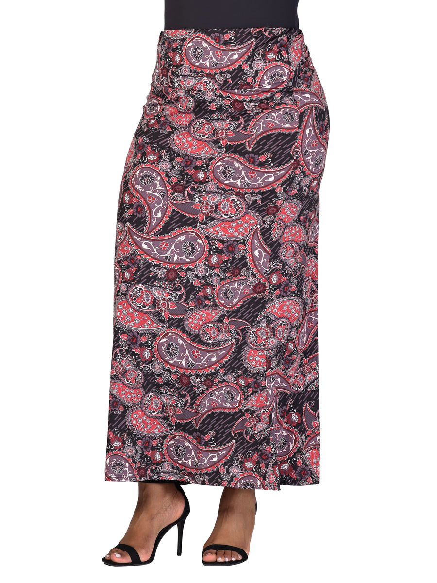 Essential Plus Size Paisley Print Fold Over Waist Maxi Skirt