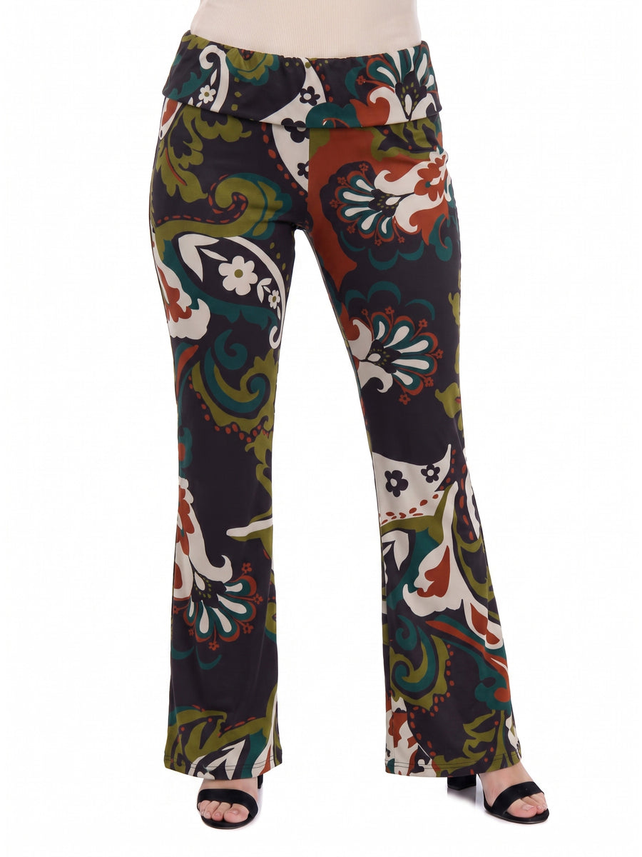 24seven Comfort Essential Curvy Paisley Floral Bell Bottom Foldover Waist Sweatpants