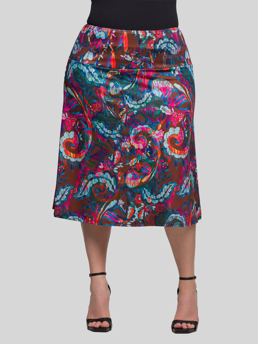 Essential Curvy Paisley Comfortable Elastic Waist Knee Length Skirt