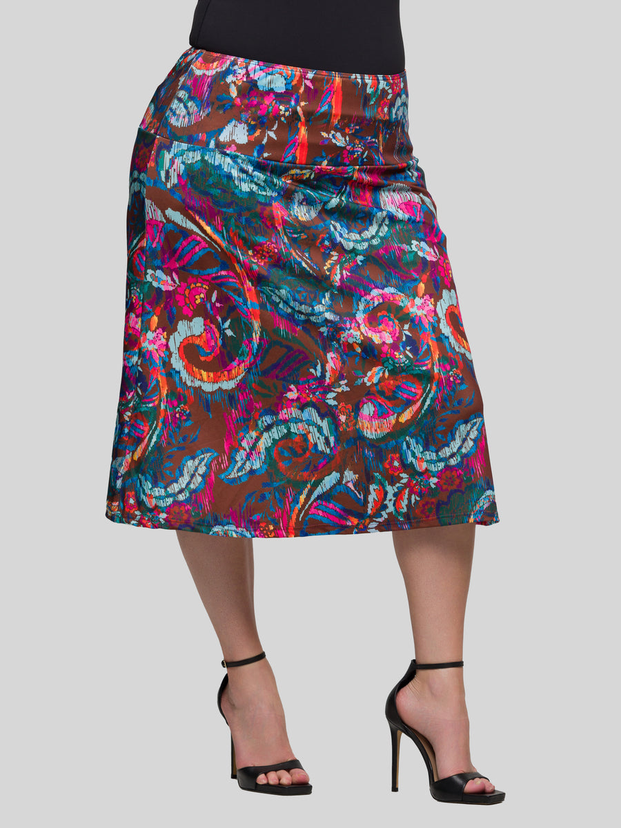 Essential Curvy Paisley Comfortable Elastic Waist Knee Length Skirt