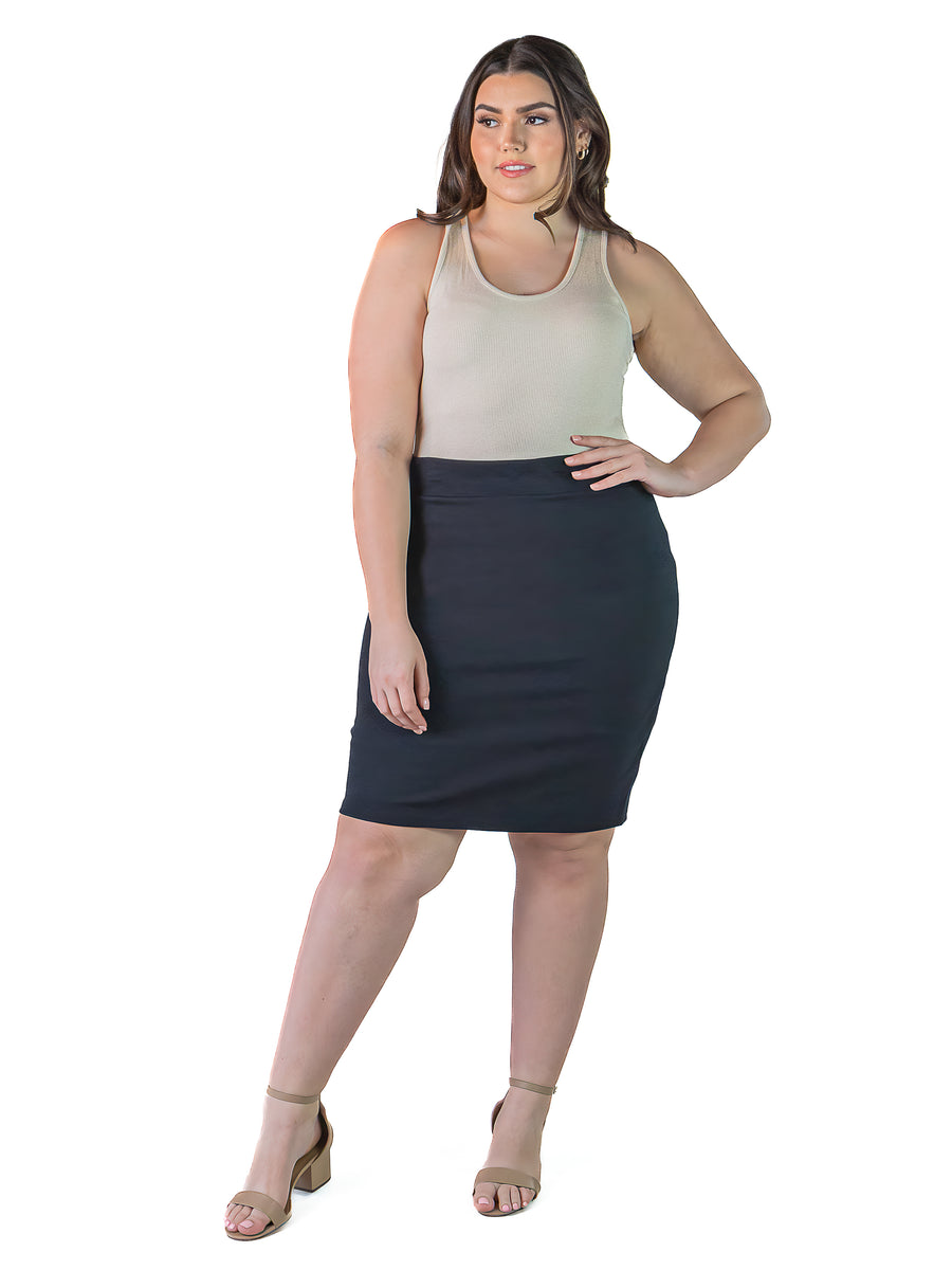 Essential Plus Size Solid Color Elastic Waist Knee Length Pencil Skirt