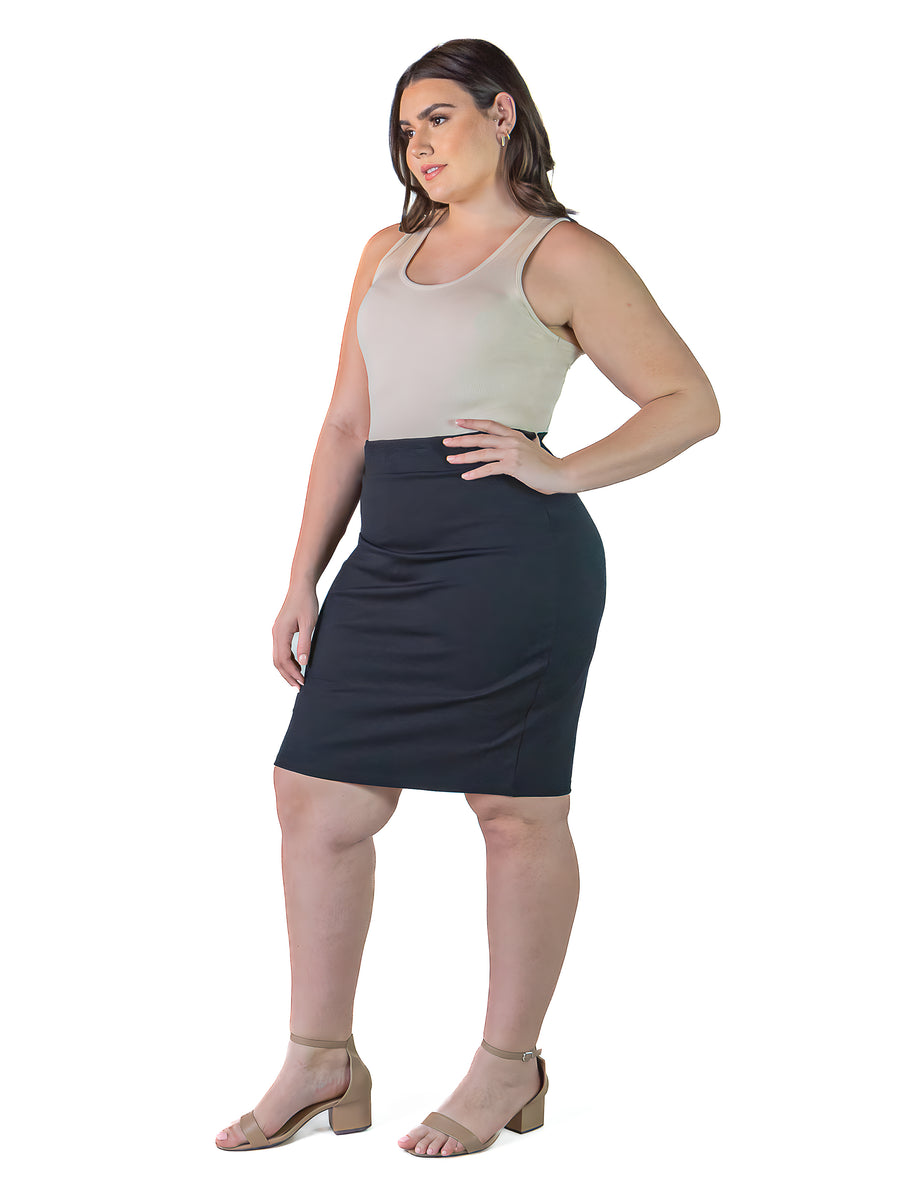Essential Plus Size Solid Color Elastic Waist Knee Length Pencil Skirt