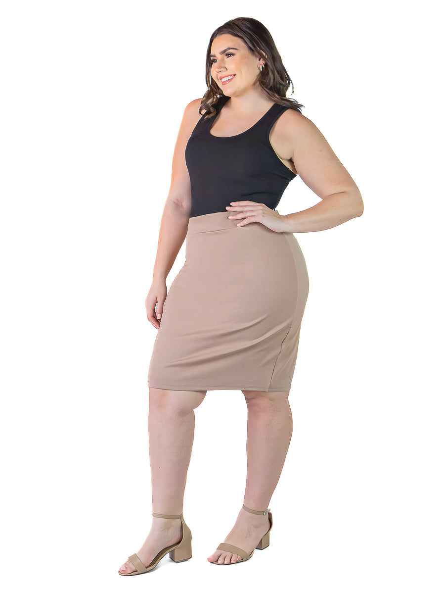 Essential Plus Size Solid Color Elastic Waist Knee Length Pencil Skirt